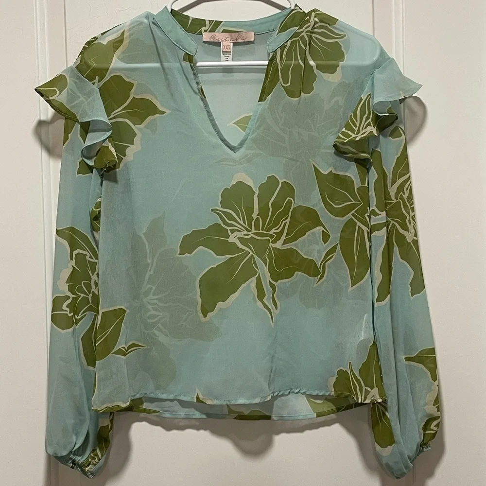 Anthropologie Hutch XXS Olive & Aqua Floral Ruffle Sleeve V Neck Sheer Blouse - Picture 3 of 9